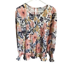 Maurices SZ 2X yellow orange smocked ruffle floral long sleeve top blouse